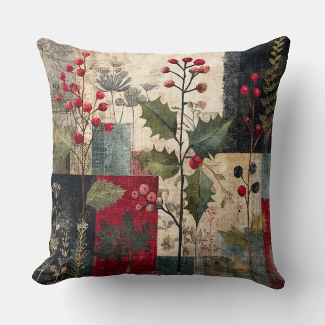 Een Hulstbes Rustieke Winter Patchwork Kussen (Voorkant)