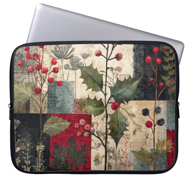 Een Hulstbes Rustieke Winter Patchwork Laptop Sleeve (Voorkant)
