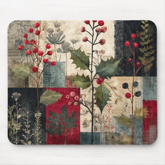 Een Hulstbes Rustieke Winter Patchwork Muismat (Voorkant)