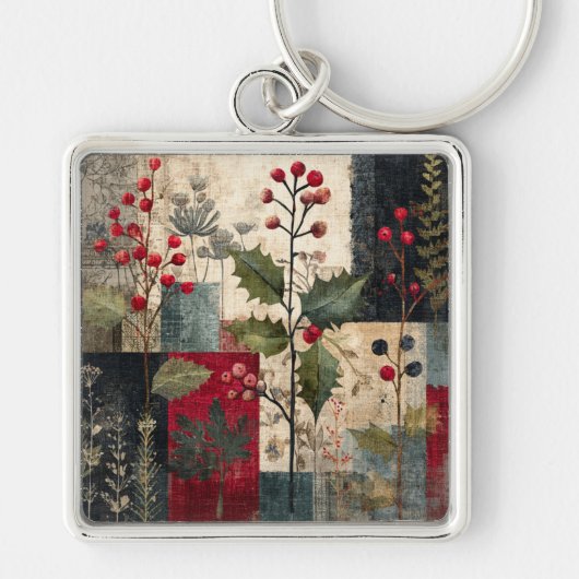 Een Hulstbes Rustieke Winter Patchwork Sleutelhanger (Voorkant)