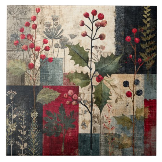 Een Hulstbes Rustieke Winter Patchwork Tegeltje (Voorkant)