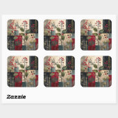 Een Hulstbes Rustieke Winter Patchwork Vierkante Sticker (Vel)
