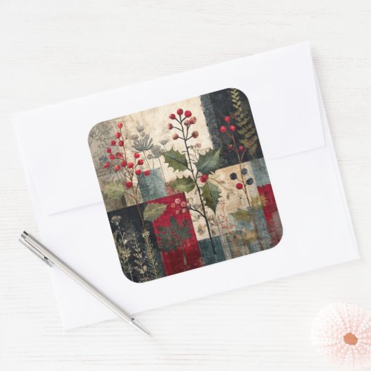 Een Hulstbes Rustieke Winter Patchwork Vierkante Sticker (Envelop)