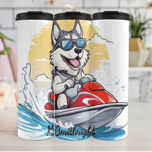 Een Husky hond op een jetski Thermosbeker