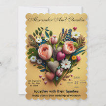 Een huwelijksuitnodiging gemaakt van bloemen en ha