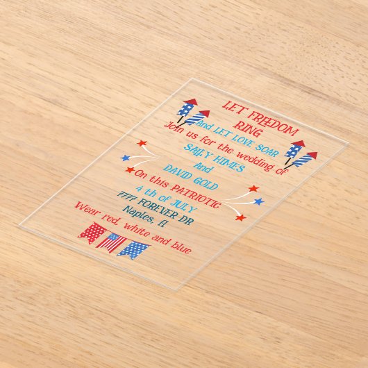 Een huwelijksuitnodiging van 4 juli in de kleuren  acryl uitnodigingen (Laagn)