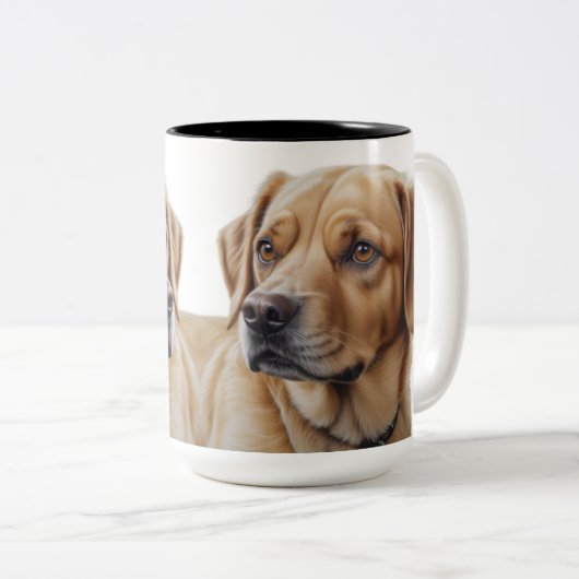 Een hyperrealistisch kleurenpotloodportret van een tweekleurige koffiemok (Voorkant rechts)