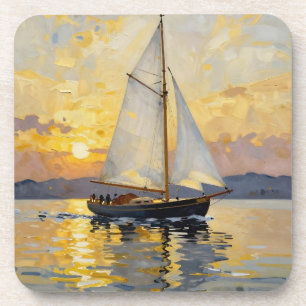 Een impasto-illustratie van een zeilboot bij zonso bier onderzetter
