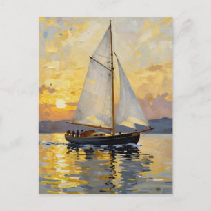 Een impasto-illustratie van een zeilboot bij zonso briefkaart