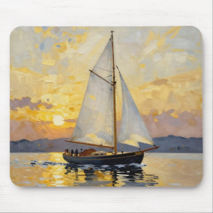 Een impasto-illustratie van een zeilboot bij zonso muismat