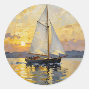 Een impasto-illustratie van een zeilboot bij zonso ronde sticker