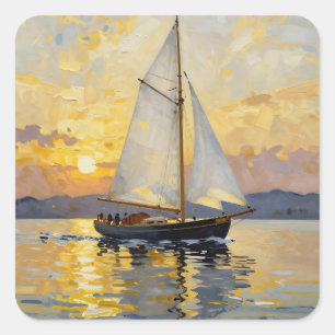 Een impasto-illustratie van een zeilboot bij zonso vierkante sticker