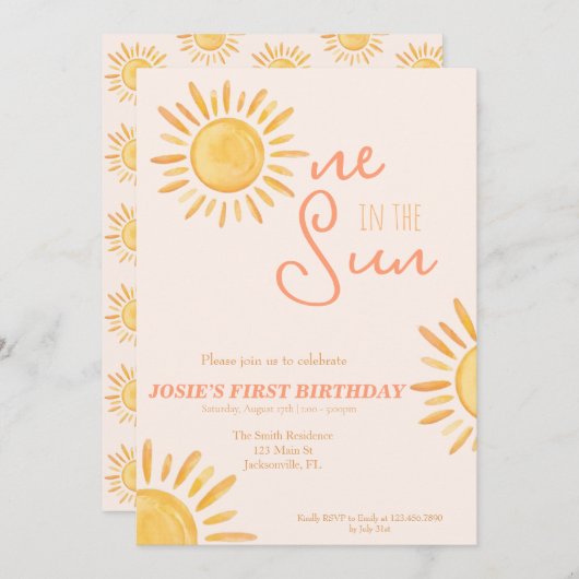 Een in de zon 1e verjaardag uitnodiging (Voorkant / Achterkant)