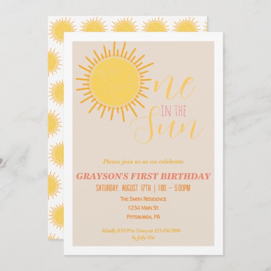 Een in de zon 1e verjaardag uitnodiging (Voorkant / Achterkant)