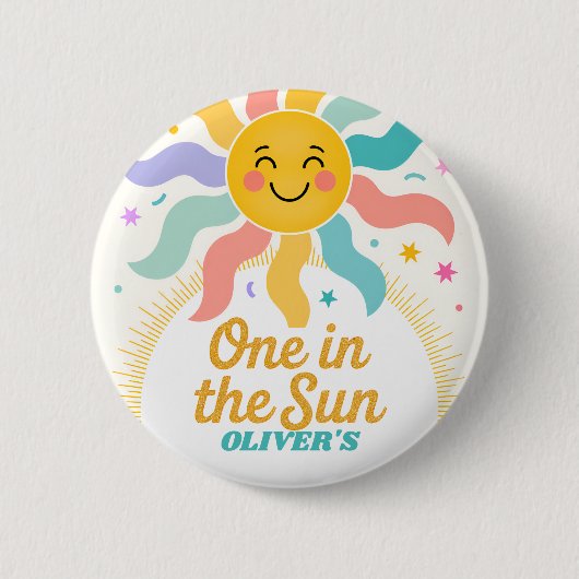 Eén in de zon feestartikel ronde button 5,7 cm (Voorkant)
