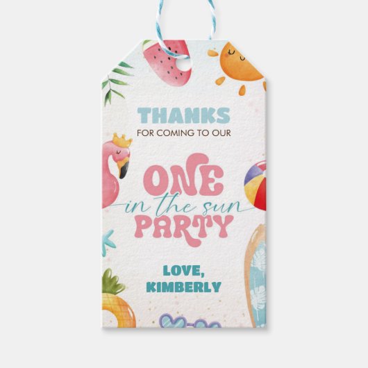 Een in de zon tropisch strand 1e verjaardagsfeest cadeaulabel (Voorkant)