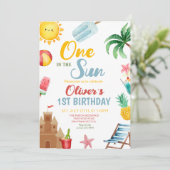 Een in de zon tropisch strand 1e verjaardagsfeest kaart (Staand voorkant)