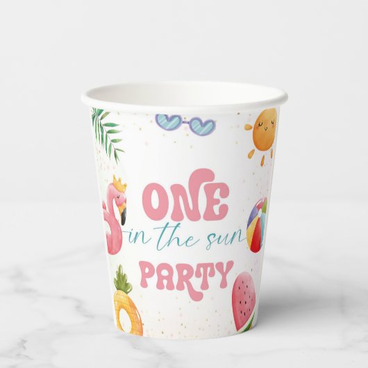 Een in de zon tropisch strand 1e verjaardagsfeest papieren bekers (Achterkant)