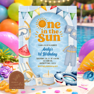 Een in de zon Zwembad verjaardagsfeest uitnodiging