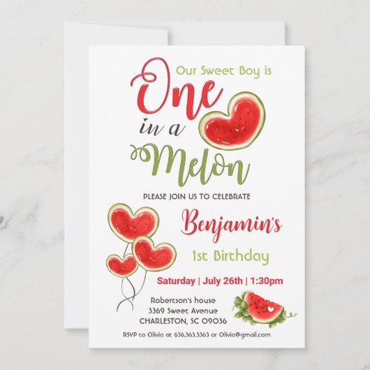 Een in een meloen 1e verjaardag jongen uitnodiging (Voorkant)