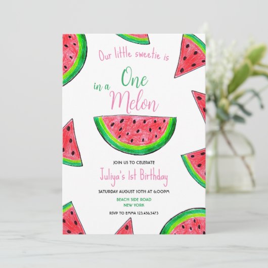 Een in een meloen 1e Verjaardag Uitnodiging (Staand voorkant)