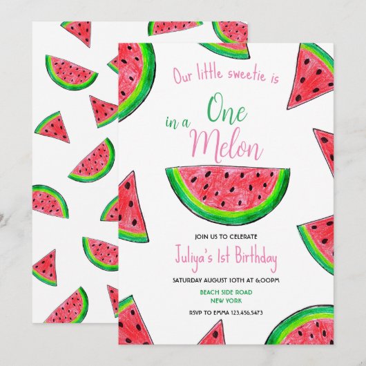 Een in een meloen 1e Verjaardag Uitnodiging (Voorkant / Achterkant)