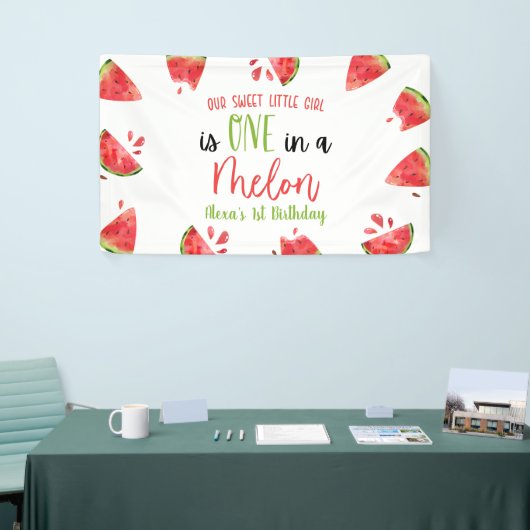 Een in een meloen 1e Verjaardagsfeest Watermeloen Spandoek (Beurs)