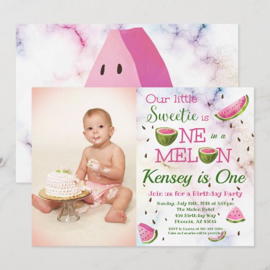 Een in een meloen 1e Watermeloen Verjaardag Uitnod Kaart (Voorkant / Achterkant)