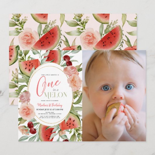 Een in een meloen bloemenmeisje 1e verjaardag foto kaart (Voorkant / Achterkant)