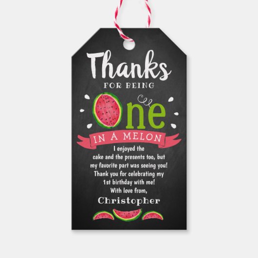 Een in een meloen krijtbord 1e verjaardag dank u cadeaulabel (Voorkant)