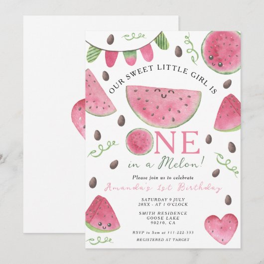 Een in een meloen Schattige Watermelon Meisje 1e V Kaart (Voorkant / Achterkant)