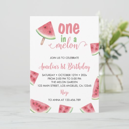 Een in een meloen verjaardag uitnodiging (Staand voorkant)