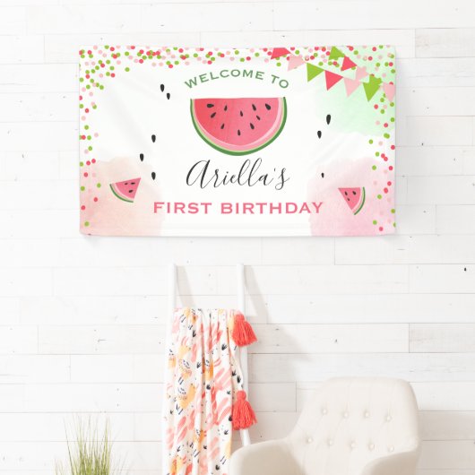 Een in een meloen verjaardagsbanner Watermelon Mei Spandoek (Insitu)