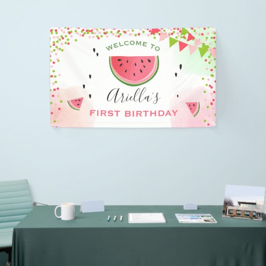 Een in een meloen verjaardagsbanner Watermelon Mei Spandoek (Beurs)