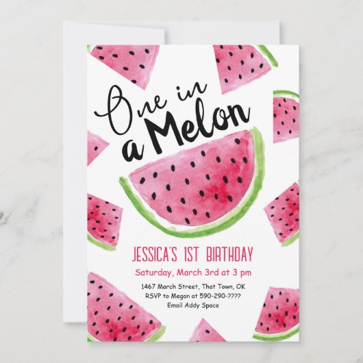 Een in een meloen verjaardagsfeestuitnodiging kaart (Voorkant)