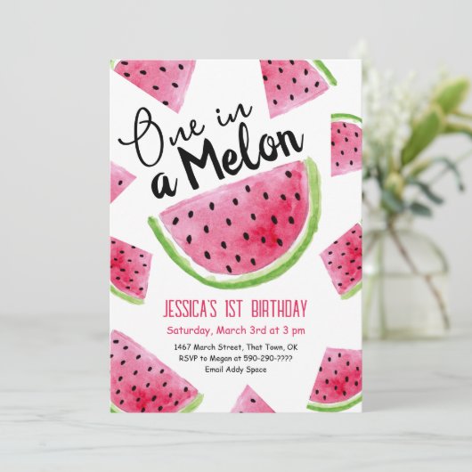 Een in een meloen verjaardagsfeestuitnodiging kaart (Staand voorkant)