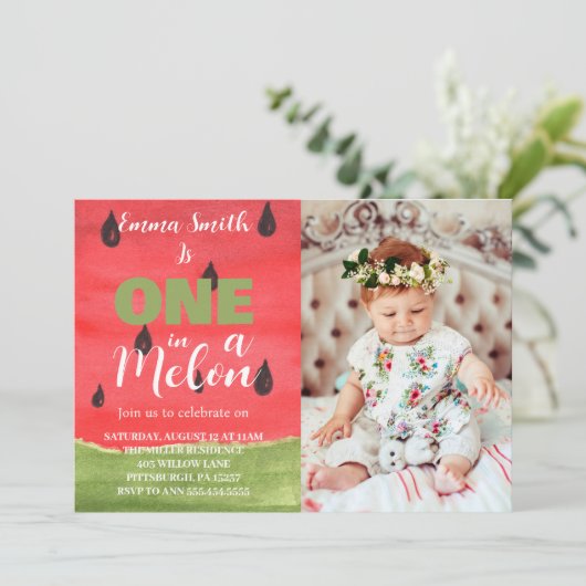 Een in een meloen Watermeloen 1e Verjaardag Foto Kaart (Staand voorkant)