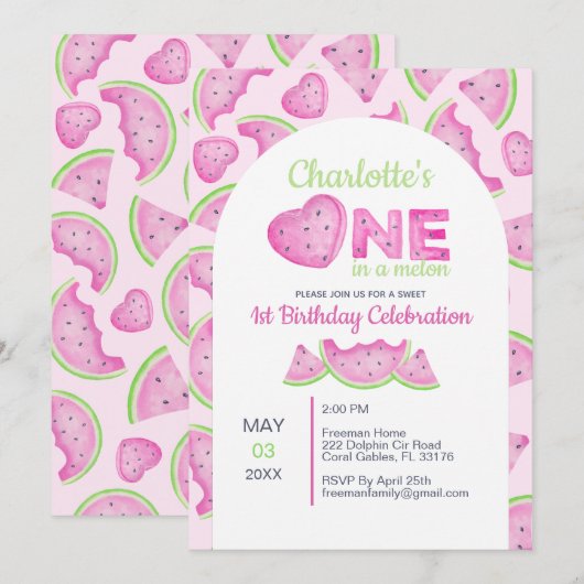 Een in een meloen Watermeloen 1e verjaardag Uitnod Kaart (Voorkant / Achterkant)