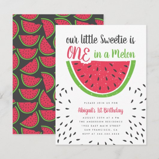 Eén in een meloen watermeloen Kinder eerste verjaa Uitnodiging Briefkaart (Voorkant / Achterkant)
