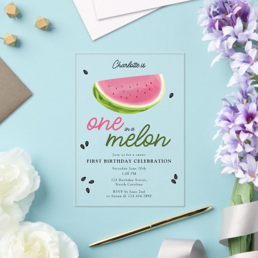 Een in een meloen watermeloen Zomer 1e verjaardag Acryl Uitnodigingen (Insitu (Huwelijk))