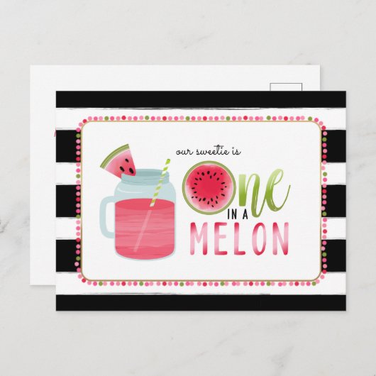 Een in een meloen watermeloen zwart + wit verjaard uitnodiging briefkaart (Voorkant / Achterkant)