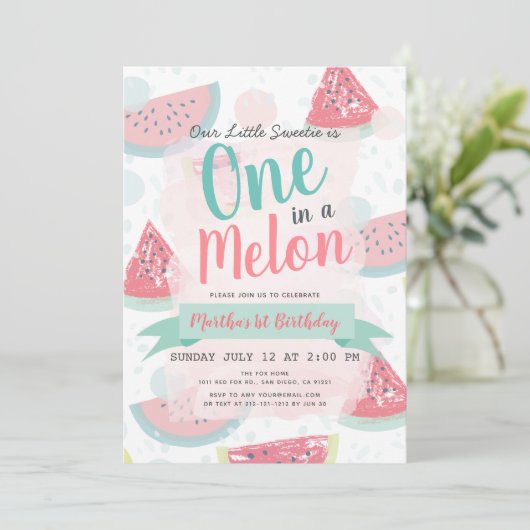 Een in een meloen Watermelon Waterverf 1e Verjaard Kaart (Staand voorkant)