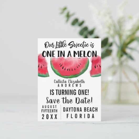 Een in een meloen Waterverf Watermeloen Save the D Uitnodiging Briefkaart (Staand voorkant)