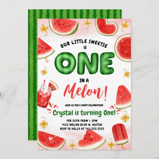 Eén in een Melon 1e Birthday-uitnodiging Kaart (Voorkant / Achterkant)