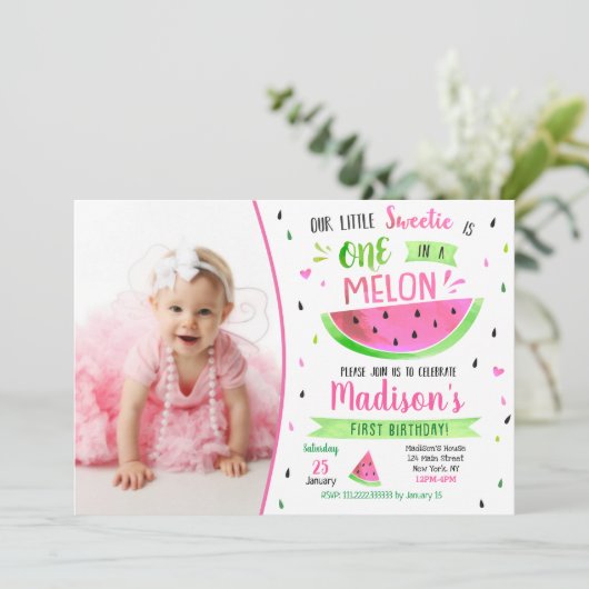 Eén in een Melon Birthday-uitnodiging Kaart (Staand voorkant)