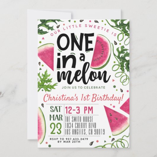 Eén in een Melon Birthday-uitnodiging Kaart (Voorkant)