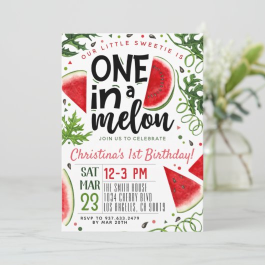 Eén in een Melon Birthday-uitnodiging Kaart (Staand voorkant)