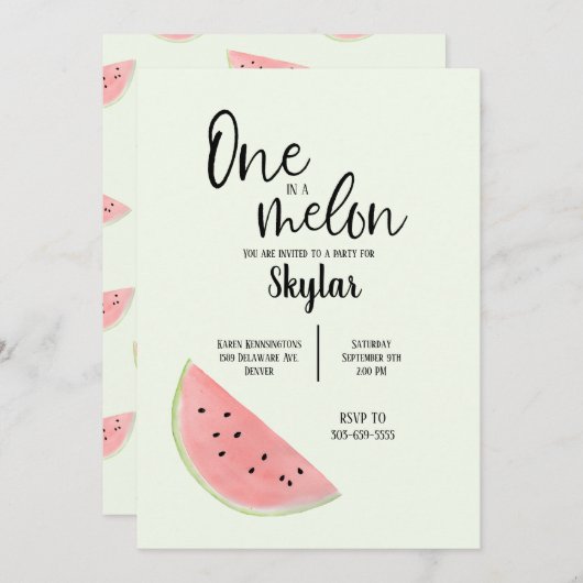 Eén in een Melon Birthday Uitnodiging voor Meisje  (Voorkant / Achterkant)