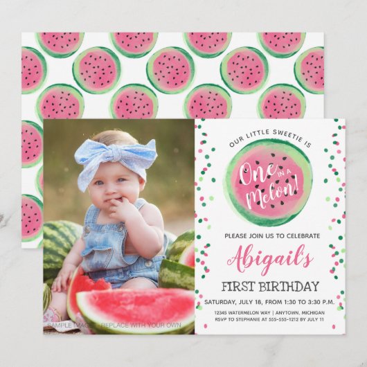 Eén in een Melon Confetti Foto 1st Birthday Party Kaart (Voorkant / Achterkant)