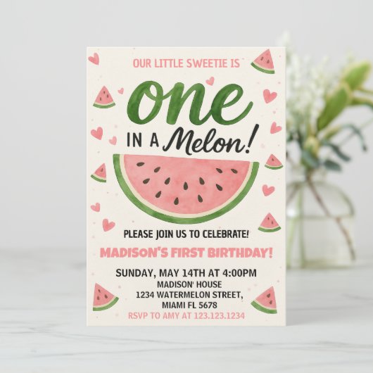 Eén in een Melon First Birthday Uitnodiging (Staand voorkant)